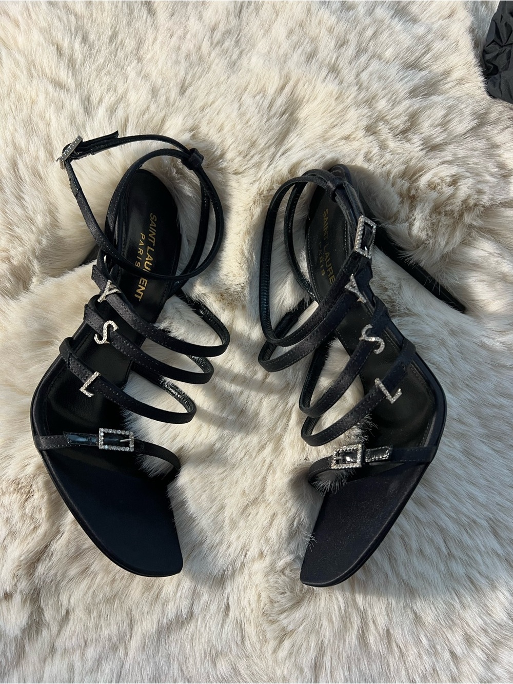 Saint Laurent Black Strappy Crystal JERRY Heels